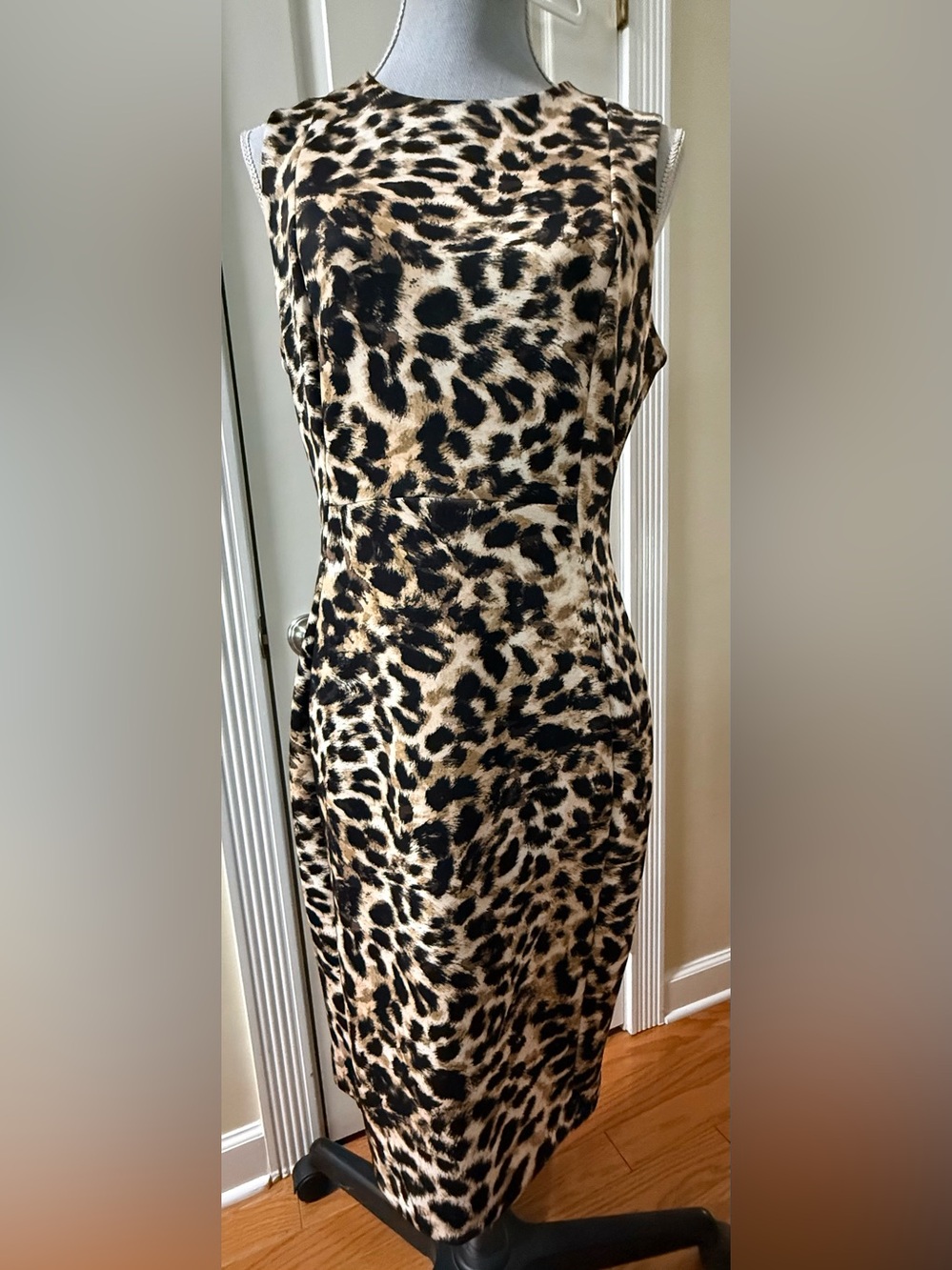 Calvin Klein Leopard-Print Midi Dress in Black and Tan Size 10